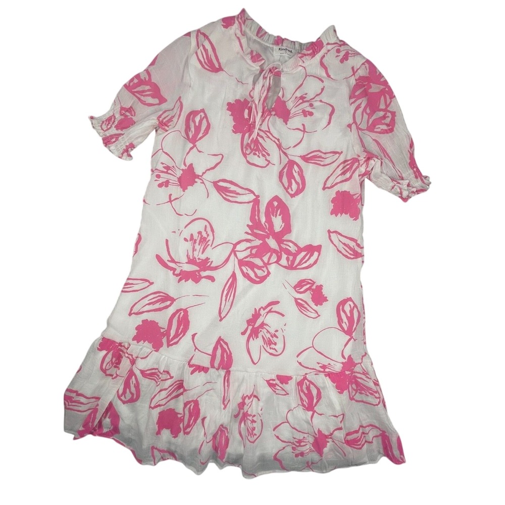 Kindred Anthropologie M Pink White Floral Tie Neck Ruffle Hem Midi Summer Dress